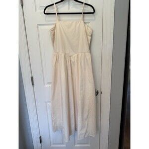 Japna Ivory Cotton Smocked Midi Dress Large Adjustable Strap Square Neck Pockets